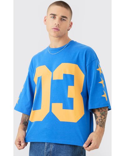 BoohooMAN Oversized Boxy Varsity Half Sleeve T-shirt - Blue