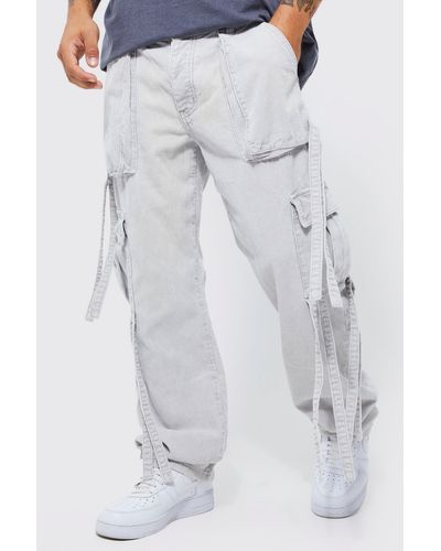 BoohooMAN Relaxed Strap Detail Acid Wash Cord Trousers - Grey