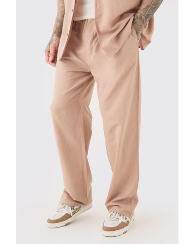 BoohooMAN Tall Elasticated Waist Relaxed Linen Trouser In Taupe - Natur
