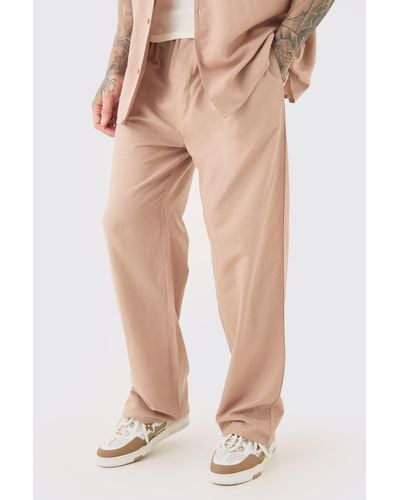 BoohooMAN Tall Elasticated Waist Relaxed Linen Trousers In Taupe - Natural