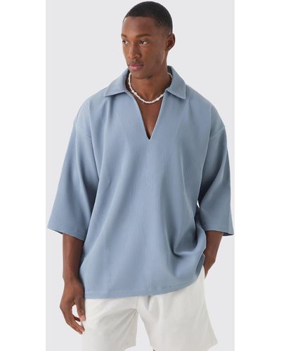 Boohoo Pleated Oversized Boxy V Neck Shirt - Blue