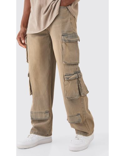 BoohooMAN Baggy Rigid Grey Tinted Multi Cargo Pocket Jeans - Natural