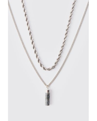 BoohooMAN Stone Pendant Multi Layer Necklace - White