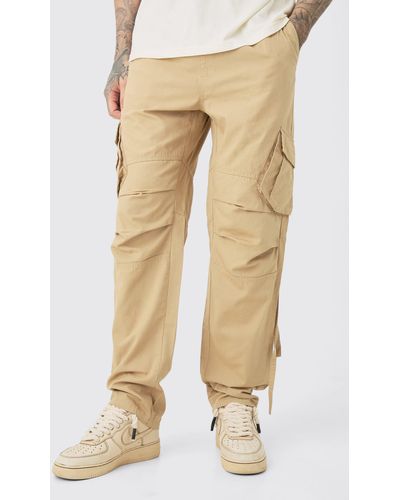 BoohooMAN Tall Elasticated Waist Straight Washed Ripstop Cargo Trousers - Natural