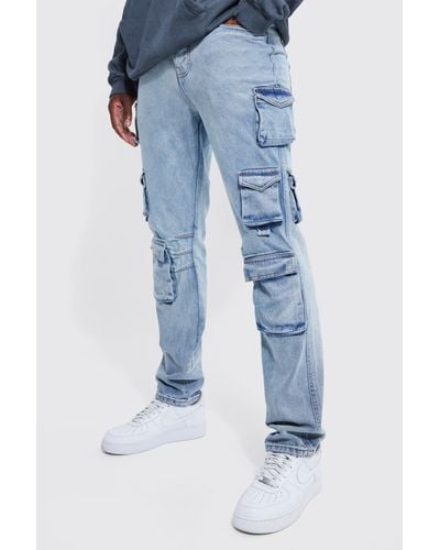 BoohooMAN Tall Cargo-Jeans mit geradem Bein und Taschen - Blau