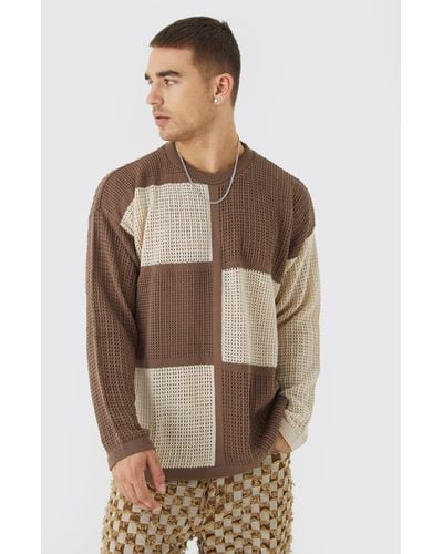 BoohooMAN Oversized Open Knit Color Block Sweater - Brown