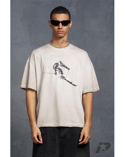 BoohooMAN Oversized T-shirt With Washed Ski Print - Gray