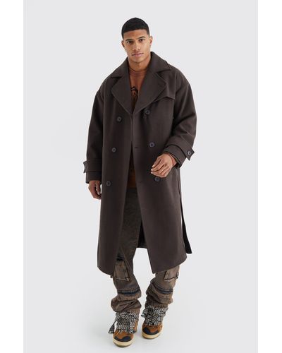 BoohooMAN Double Breasted Storm Flap Trench Overcoat - Brown
