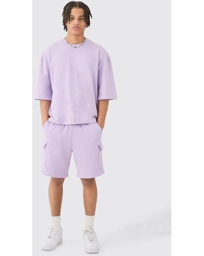 BoohooMAN Oversized Boxy Contrast Stitch Half Sleeve Tshirt & Cargo Set - Purple