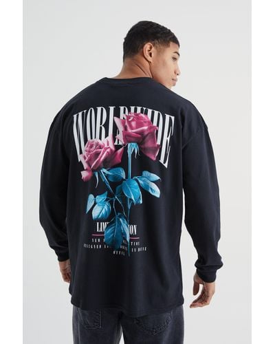 BoohooMAN Oversized Long Sleeve Rose Graphic T-shirt - Blue