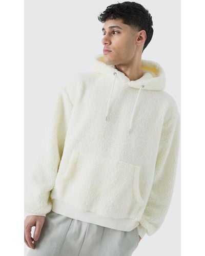 BoohooMAN Oversized Boxy Borg Over The Head Hoodie - White