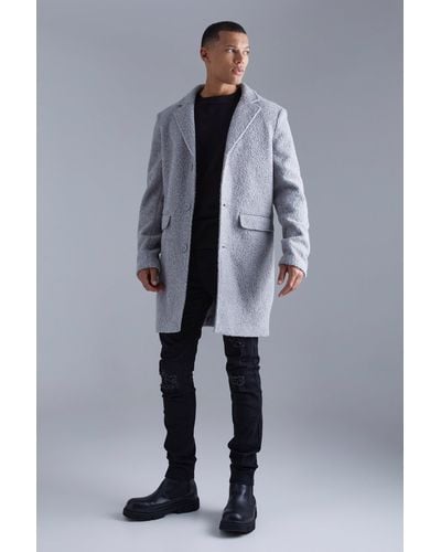 BoohooMAN Tall Single Breasted Boucle Overcoat - Blue
