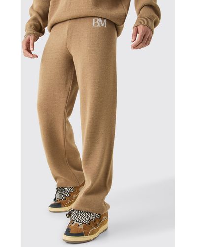BoohooMAN Relaxed Branded Knit Trouser - Natural