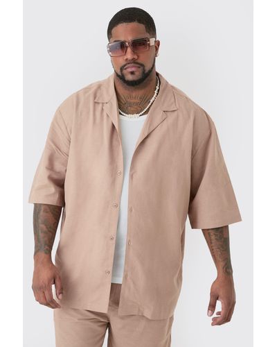 BoohooMAN Plus Linen Oversized Revere Shirt In Taupe - Natur