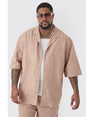 BoohooMAN Plus Linen Oversized Revere Shirt In Taupe - Natural