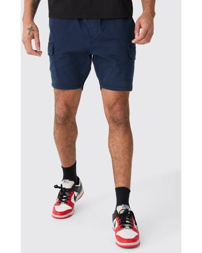 Boohoo Skinny Fit Elasticated Waist Cargo Shorts In Navy - Blue