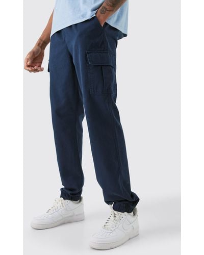 BoohooMAN Tall Elastic Waist Twill Slim Fit Cargo Trouser - Blau