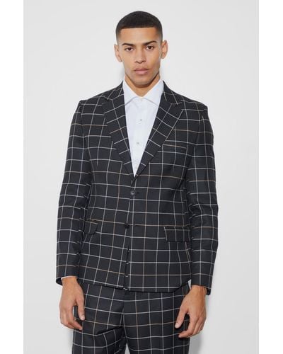 BoohooMAN Relaxed Fit Windowpane Check Blazer - Gray