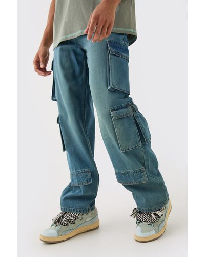 BoohooMAN Baggy Rigid Multi Cargo Pocket Jeans In Blue