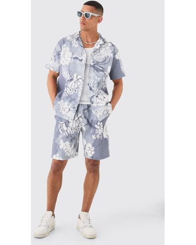BoohooMAN Oversized Floral Printed Pleated Shirt & Short - Blue