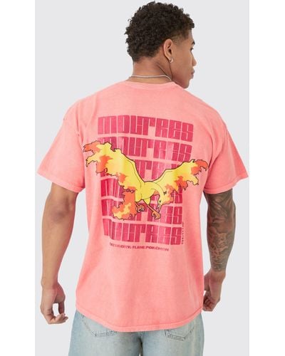 BoohooMAN Oversized Pokémon Moltres Wash License T-shirt - Pink