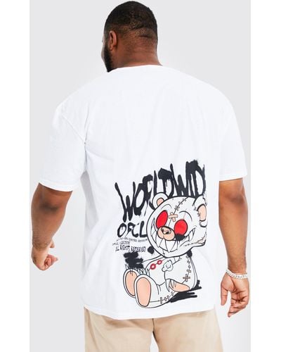 BoohooMAN Plus Oversized Graffiti Teddy Back T-shirt - White