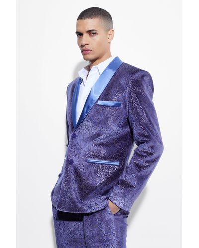 Boohoo Slim Baroque Velour Suit Jacket - Blue