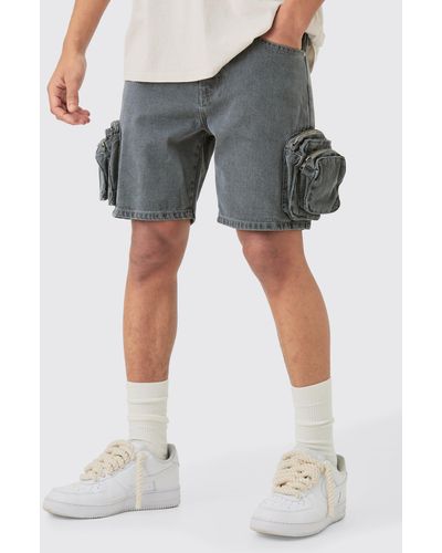 BoohooMAN Slim Fit 3d Cargo Pocket Denim Shorts In Light Gray - Blue