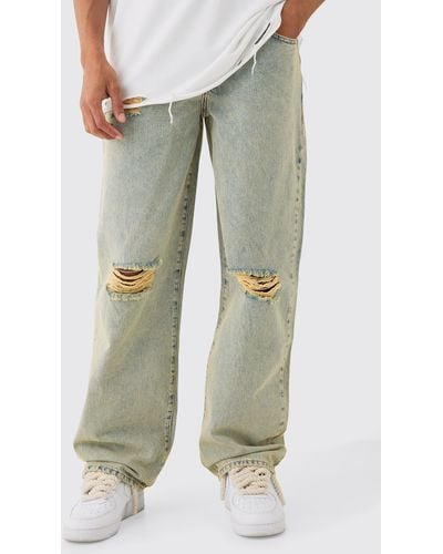 BoohooMAN Baggy Rigid Green Tint Ripped Knee Jeans
