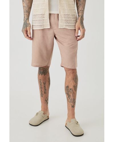BoohooMAN Tall Elasticated Waist Linen Comfort Shorts In Taupe - Natur