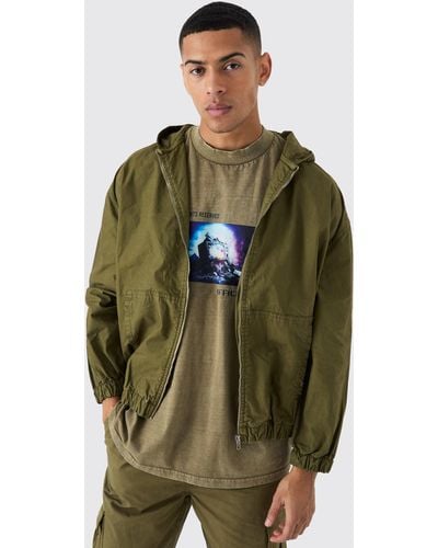 BoohooMAN Branded Plaque Detail Twill Hooded Overshirt - Green