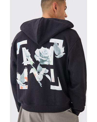 BoohooMAN Oversized Boxy Zip Through Rose Embroidered Hoodie - Blue