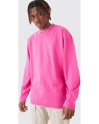 BoohooMAN Tall Oversized Extended Neck Acid Wash Long Sleeve T-shirt - Pink