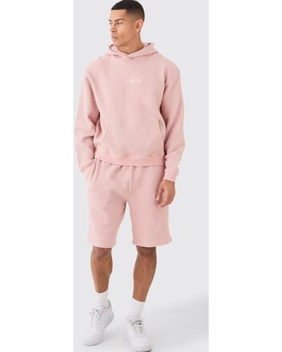 BoohooMAN Oversized Boxy Quilted Embroided Hooded Short Tracksuit - Pink