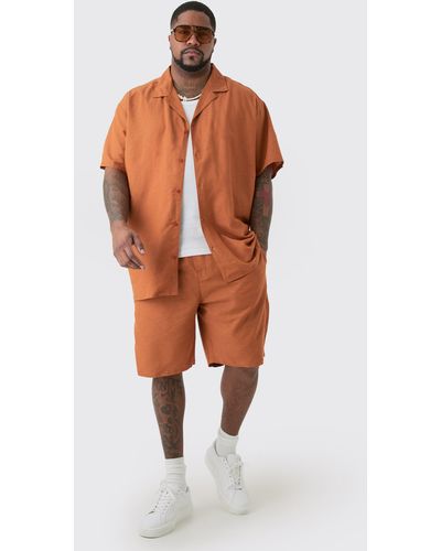 BoohooMAN Plus Oversized Linen Drop Revere Shirt & Short Set In Brown - Orange