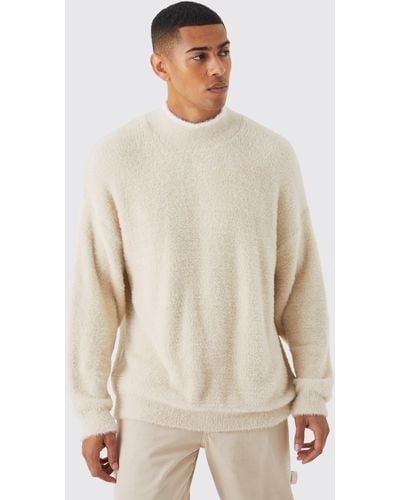 BoohooMAN Oversized Fluffy Funnel Neck Sweater With Tipping - Natural