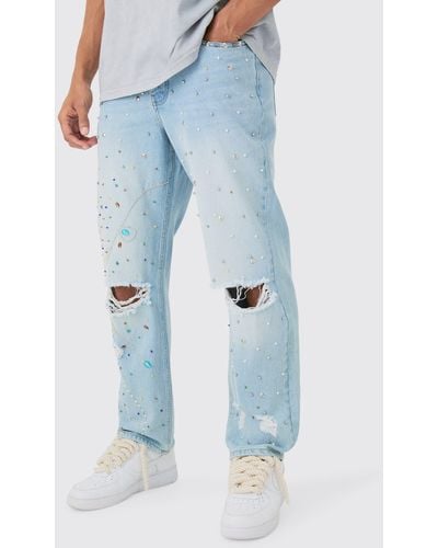 BoohooMAN Relaxed Rigid Embellished Jeans In Light Blue - Blau