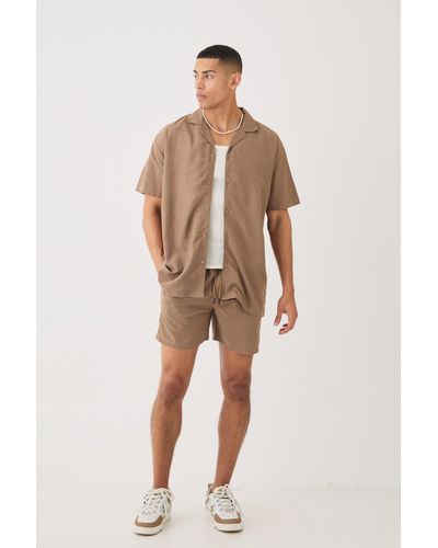 BoohooMAN Short Sleeve Oversized Linen Shirt & Short Set - Natural