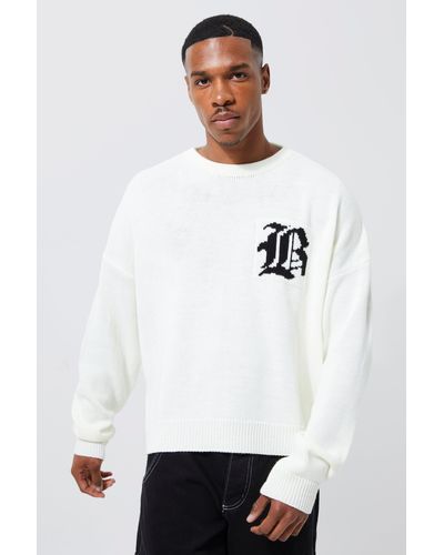 BoohooMAN Boxy B Knitted Sweater - White