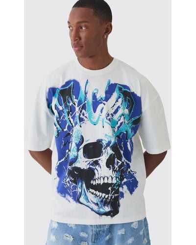 BoohooMAN Oversized Boxy Extended Neck Official Skull Graphic T-shirt - Blue