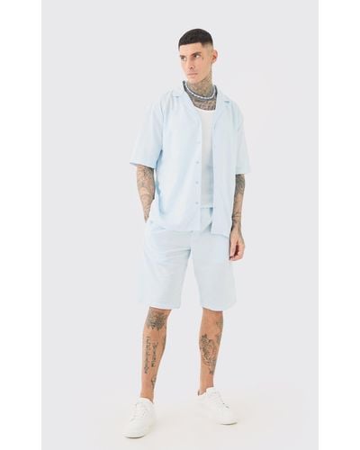 BoohooMAN Tall Drop Revere Linen Shirt & Short Set In Light Blue - White