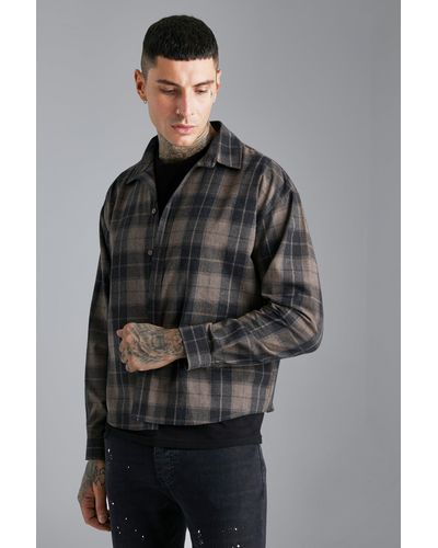 BoohooMAN Long Sleeve Oversized Boxy Flannel Shirt - Grey
