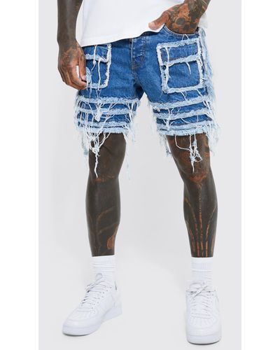 Boohoo Slim Rigid Frayed Panel Denim Shorts - Blue