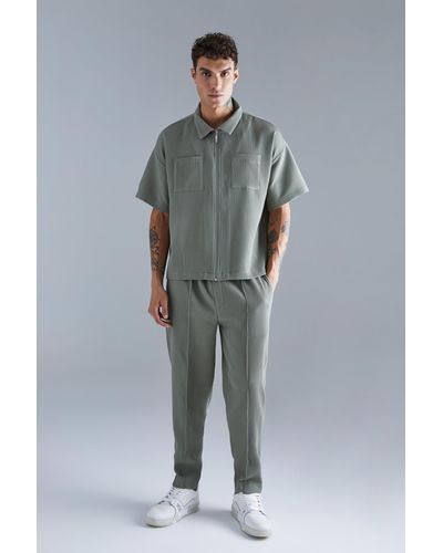 BoohooMAN Pleated Short Sleeve Shirt & Elasticated Pintuck Trouser Set - Gray