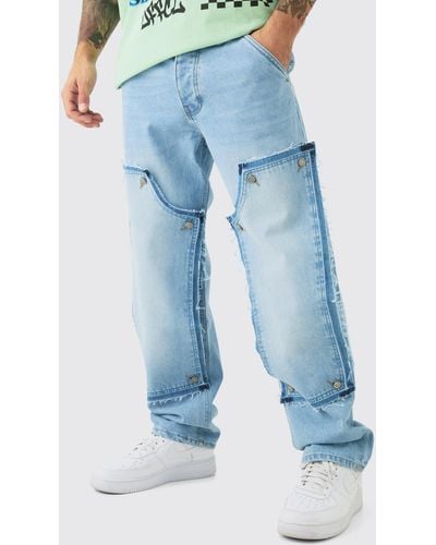 BoohooMAN Relaxed Rigid Removable Carpenter Panel Jeans In Light Blue - Blau