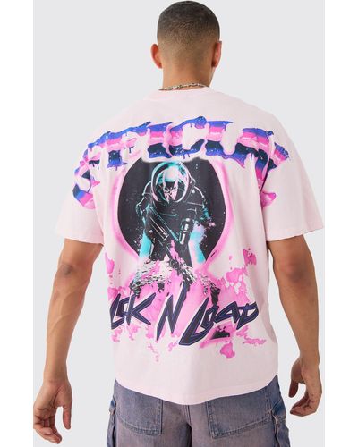 BoohooMAN Oversized Extended Neck Over The Seam Wash Space Back Print T-shirt - Pink