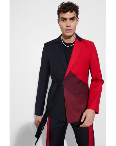 BoohooMAN Skinny Fit Color Block Wrap Front Blazer - Red