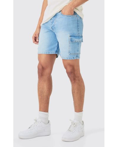 BoohooMAN Slim Rigid Cargo Denim Shorts In Light Blue