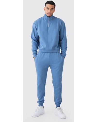 BoohooMAN Kastiger Oversize Sweatshirt-Trainingsanzug mit 1/4 Reißverschluss - Blau