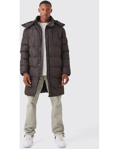 BoohooMAN Mittellange Steppjacke mit Kapuze - Braun